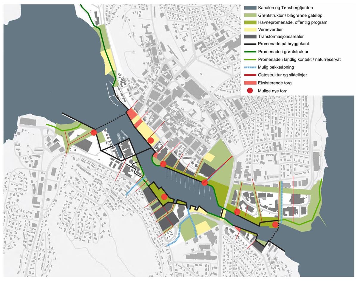 kart over mulig utvikling langs kanalen i tønsberg - Klikk for stort bilde