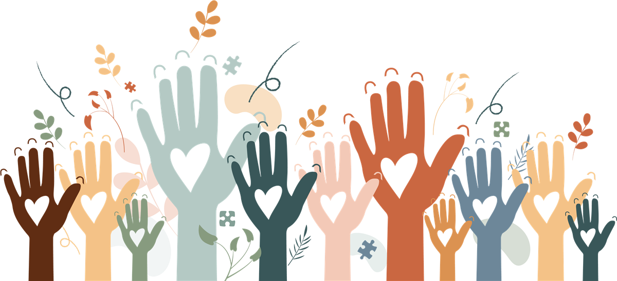 Illustrasjon av hender som rekkes opp og med hjerter i håndflatene. - Klikk for stort bilde